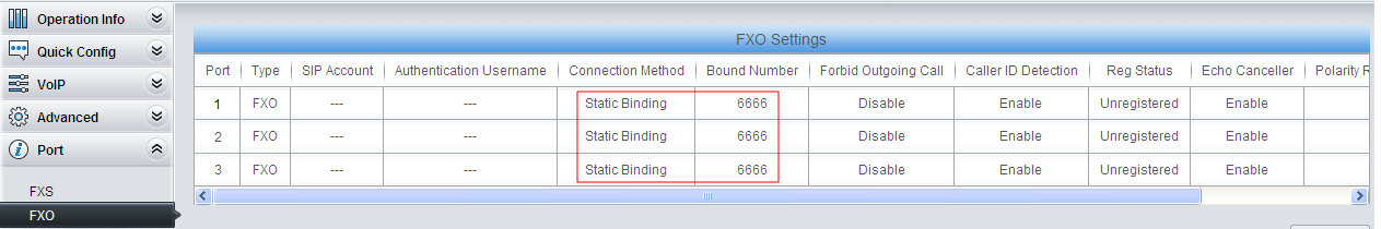 Set the properties of each FXO port. The item Connection Method can be set to Static Binding with the bound number of 6666 which is determined by IPPBX. That is, once receiving the call with 6666 as its username from the called party, IPPBX will go into the PBX service flow. The effect of the analog gateway here is just to switch calls from PSTN to the IPPBX service layer.
