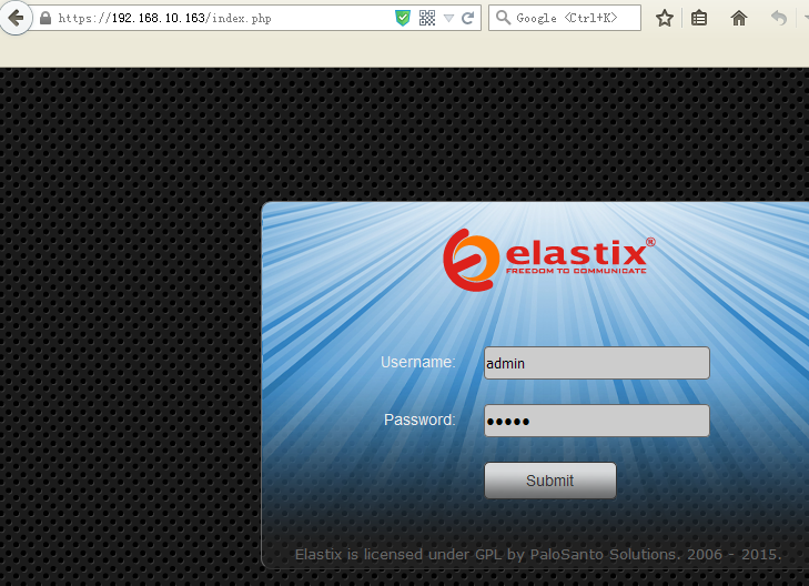 To configure the Elastix system, start a web browser and enter the IP address of the Elastix System.
