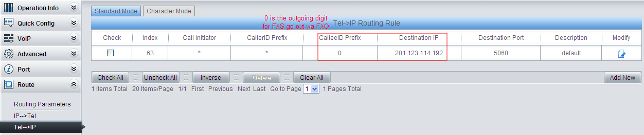 Set the outgoing digit and route used for FXS to dial out via FXO. As there is a default route--- ‘Route by Number’ on the gateway, it is unnecessary to add another route for calling from extension to extension. However, for an FXS call dialed out with a prefix 0, as there is no SIP account starting with 0, the route should be set as shown in the figure above. Thus, the call can find a corresponding route to dial out.
