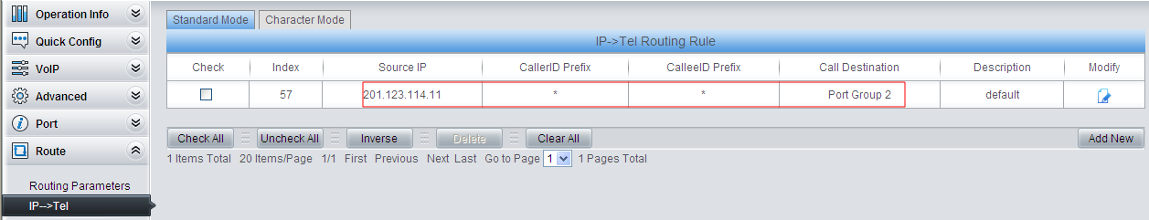 Add an IP –> TEL routing and set all IP calls from IPPBX to go out via FXO (Port Group 2). Settings related to the outgoing call number are processed by IPPBX.