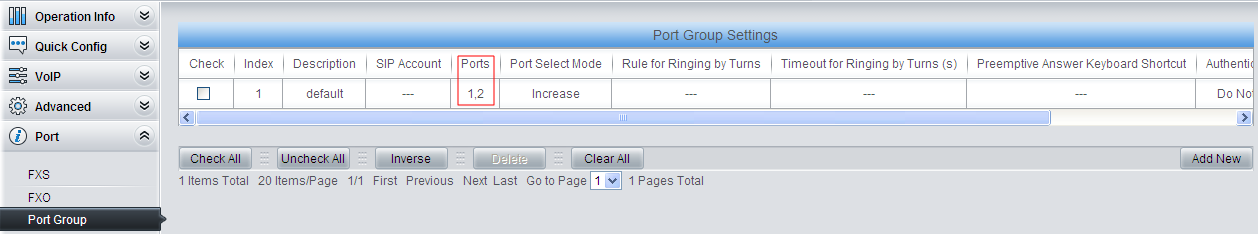 Add FXO ports to Port Group 1, preparing for subsequent route settings.