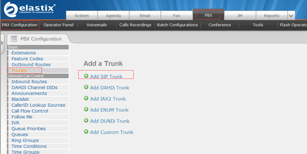 To add a Synway Digital Gateway as a Sip Trunk, click on ‘Trunks’ from the toolbar, follow below steps to add a ‘Digital_SMG’ sip trunk.