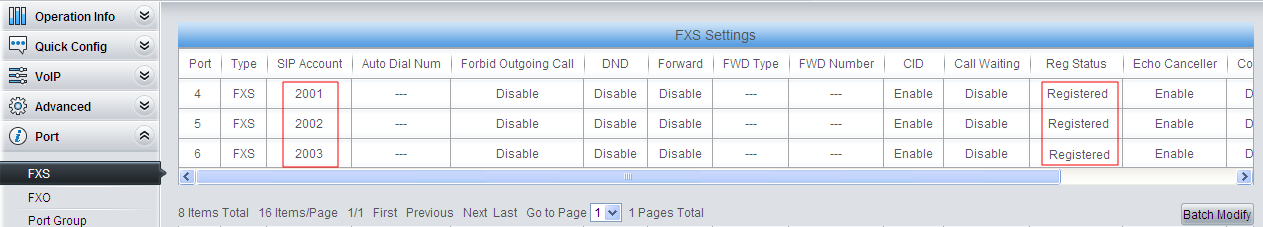 Set a SIP account for each FXS port, which will be used in registration to IPPBX. On request of speaking to the phone operator or switching the call to an extension, IPPBX will follow the service flow to switch the call to the extension with the corresponding SIP account or to the phone operator.