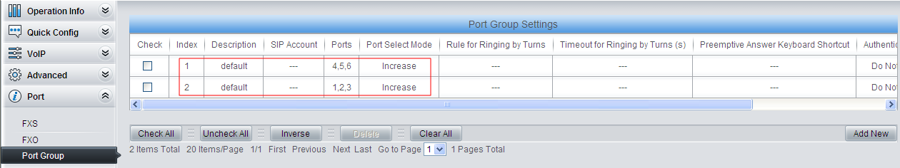 Add three FXS ports with indexes 4, 5 and 6 to Port Group 1, and three FXO ports with indexes 1, 2 and 3 to Port Group 2, preparing for subsequent route settings.