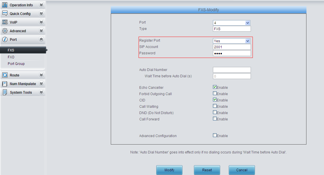 Set each FXS port’s account information registered to the SIP server.